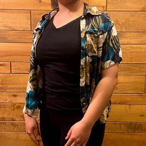 Hawaiian Turquoise and White Floral Button Down